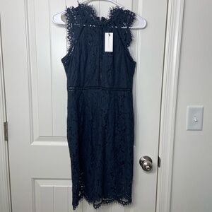 NEW Sugar + Lips women’s navy lace lined zip frayed high neck knee dress XS
